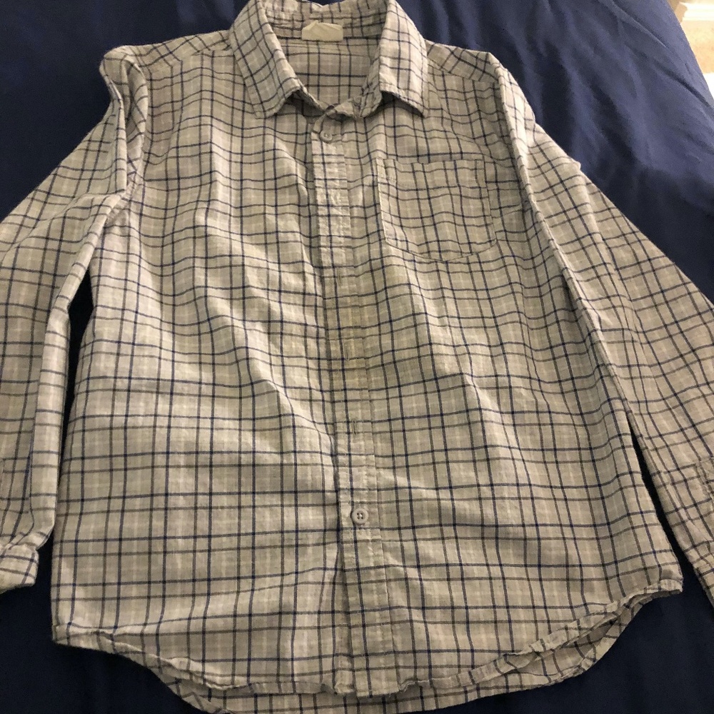 Boy's Gray & Blue Plaid Striped Button Up Shirt